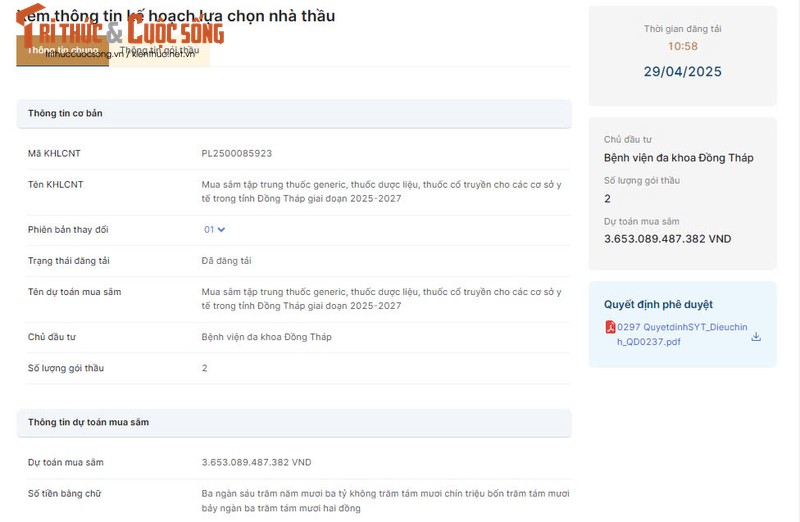 BV da khoa Dong Thap tim don vi cung cap thuoc, biet duoc