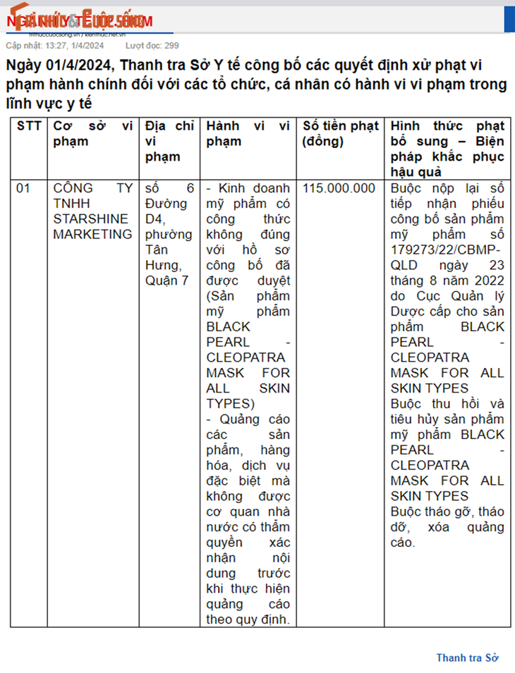 Vua bi phat, Cong ty StarShine Marketing lai phai thu hoi my pham